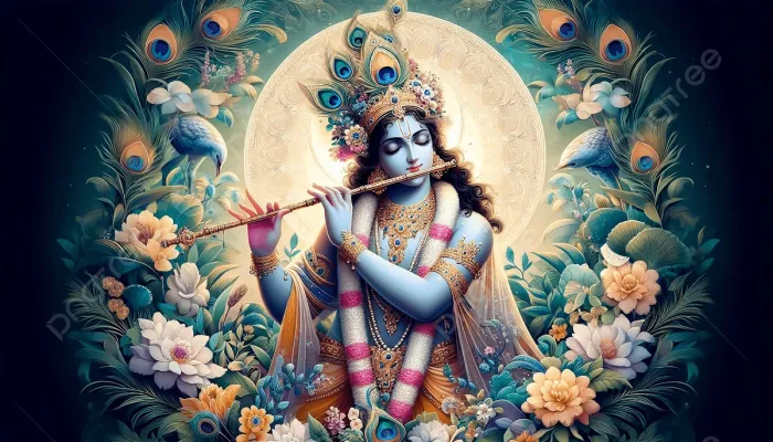 Digital painting of Lord Krishna playing the flute, surrounded by peacock feathers and lotuses. | PrintPosters.in